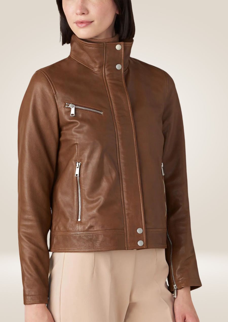 Classic brown leather jacket for women with slim fit