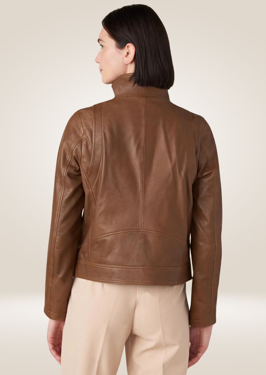 Stylish women’s brown leather biker jacket with pockets