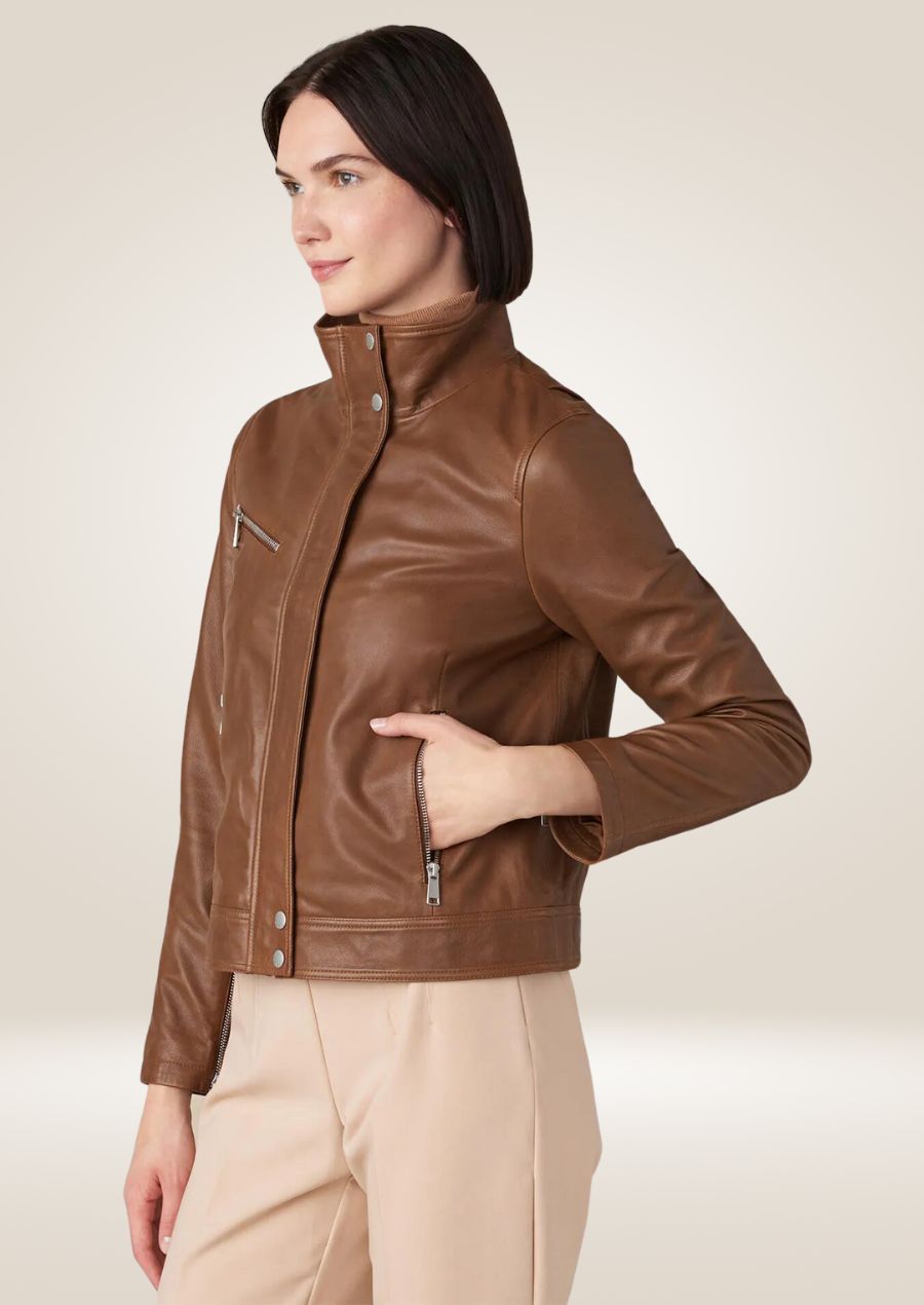Genuine brown leather jacket for women with quilted shoulders