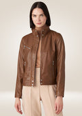 Women’s brown leather jacket with front zipper closure