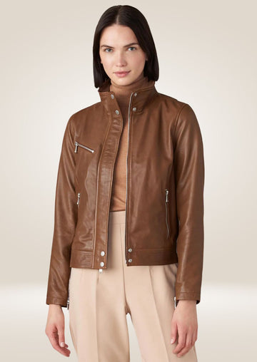 Women’s brown leather jacket with front zipper closure