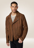 Men’s brown suede moto jacket with front zipper closure