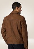 Men’s brown suede biker jacket with sleek modern silhouette