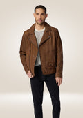 Classic brown suede moto jacket featuring zip pockets