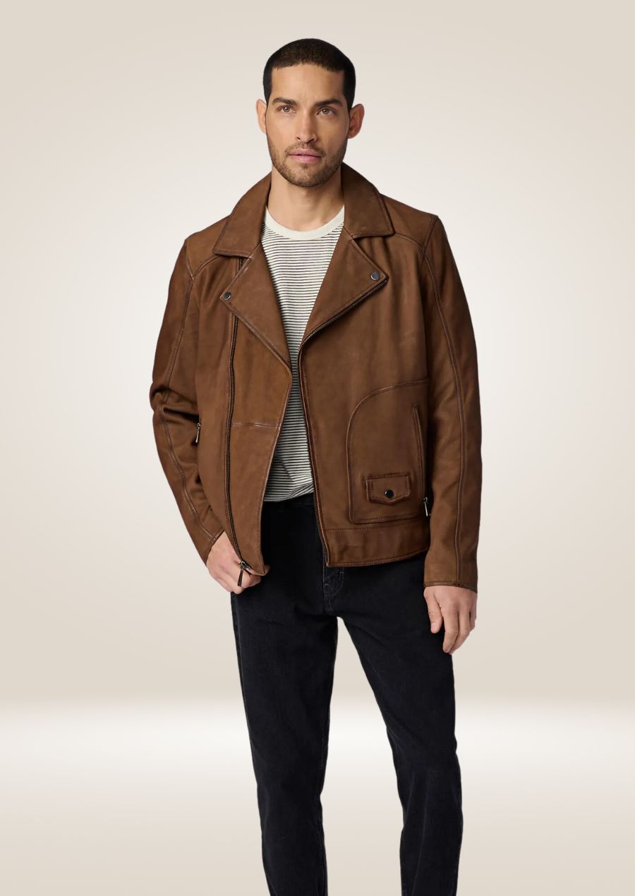 Classic brown suede moto jacket featuring zip pockets