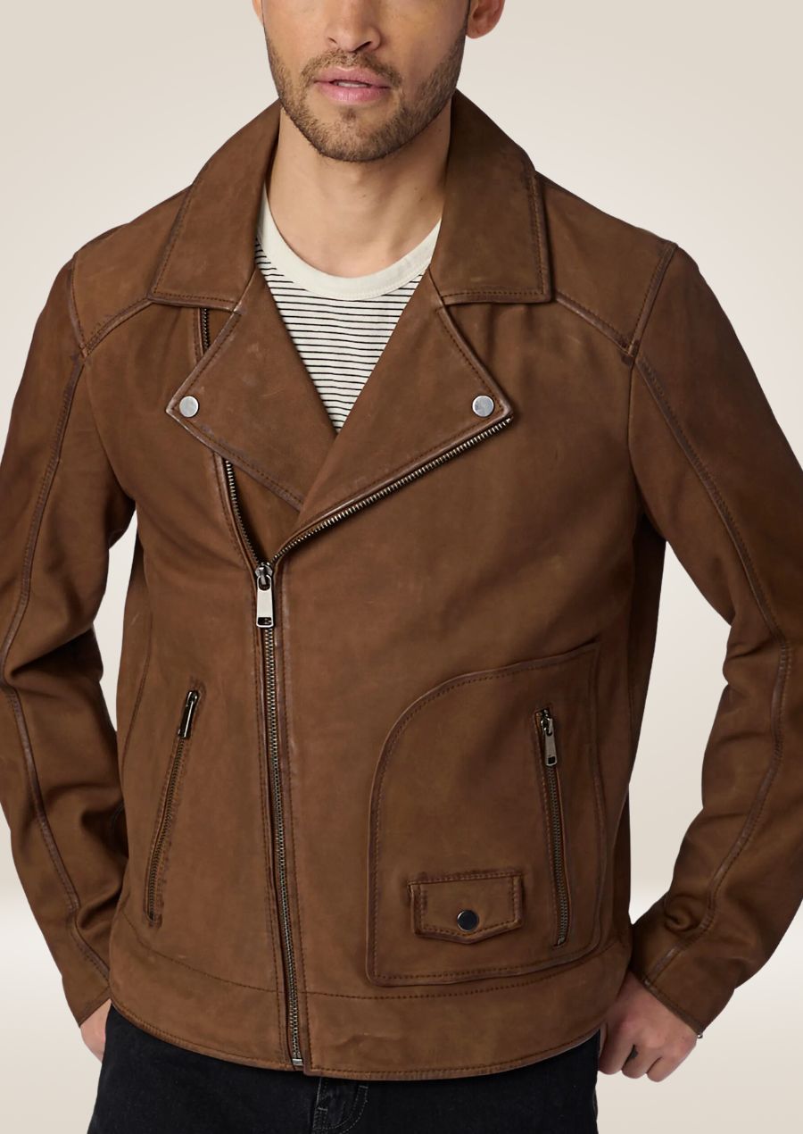 Men’s brown suede moto jacket with front zipper closure
