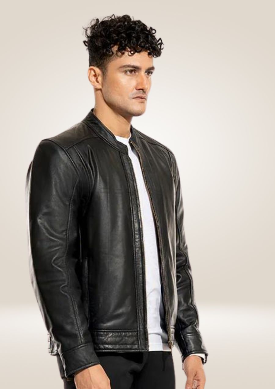 Black Leather Men's Jacket - Versatile Full-Zip Design