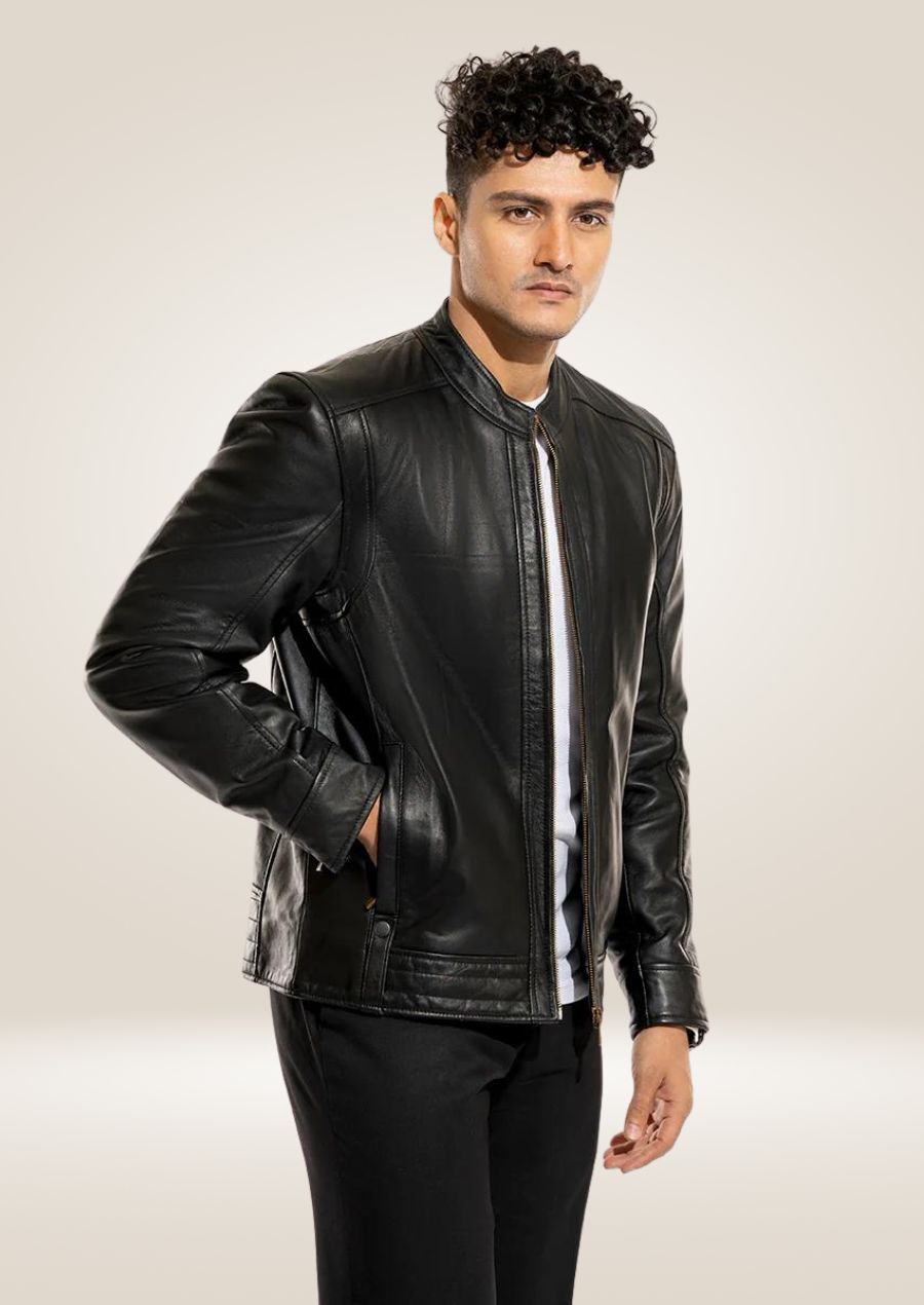 Black Leather Men's Jacket - Versatile Full-Zip Design