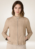 Women’s beige suede leather jacket with stand collar and front zipper