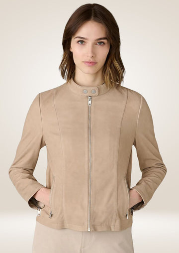 Women’s beige suede leather jacket with stand collar and front zipper