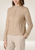 Stylish beige leather jacket with stand collar for women