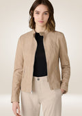 Classic women’s beige suede jacket featuring slim-fit design