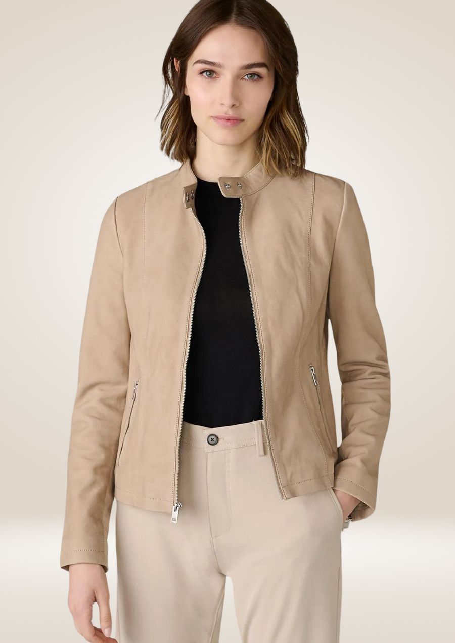 Classic women’s beige suede jacket featuring slim-fit design