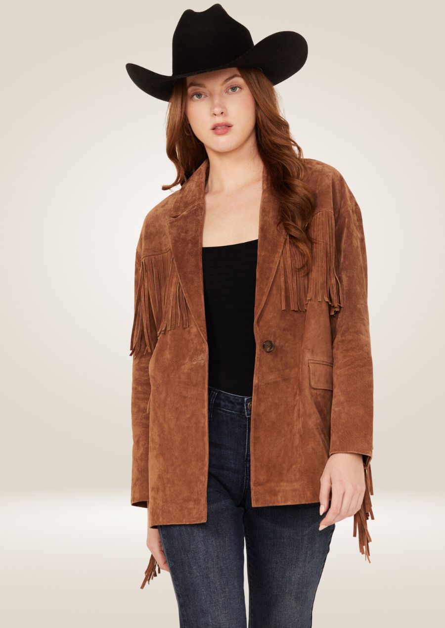 Women’s chocolate brown leather jacket with fringe detailing