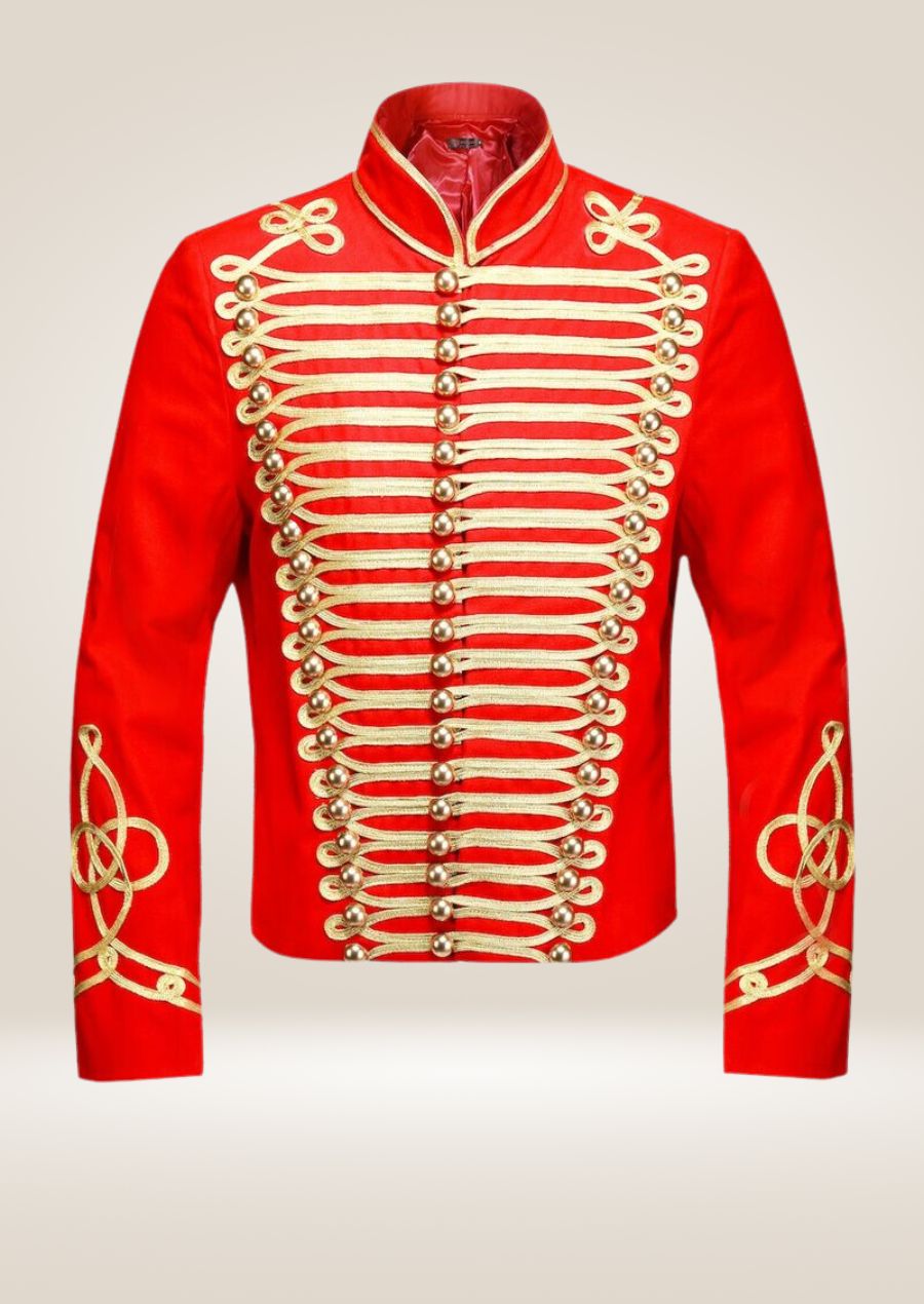 Elegant Red Officer-Style Jacket with Golden Braiding