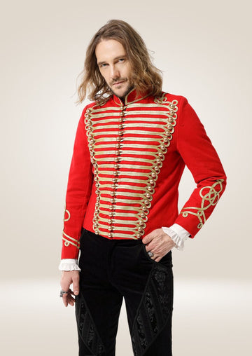 Elegant Red Officer-Style Jacket with Golden Braiding