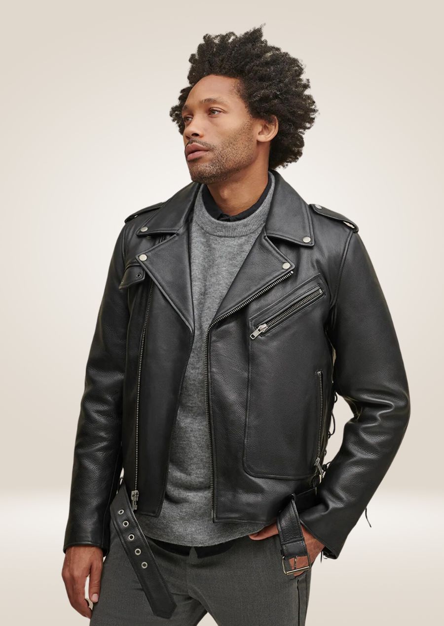 Men’s black moto jacket with side lacing and zip front closure