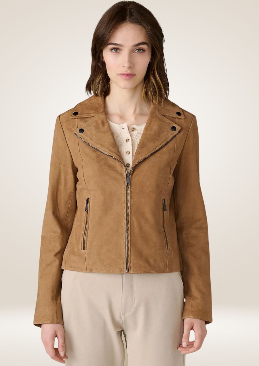 Camel Suede Moto Jacket for Women