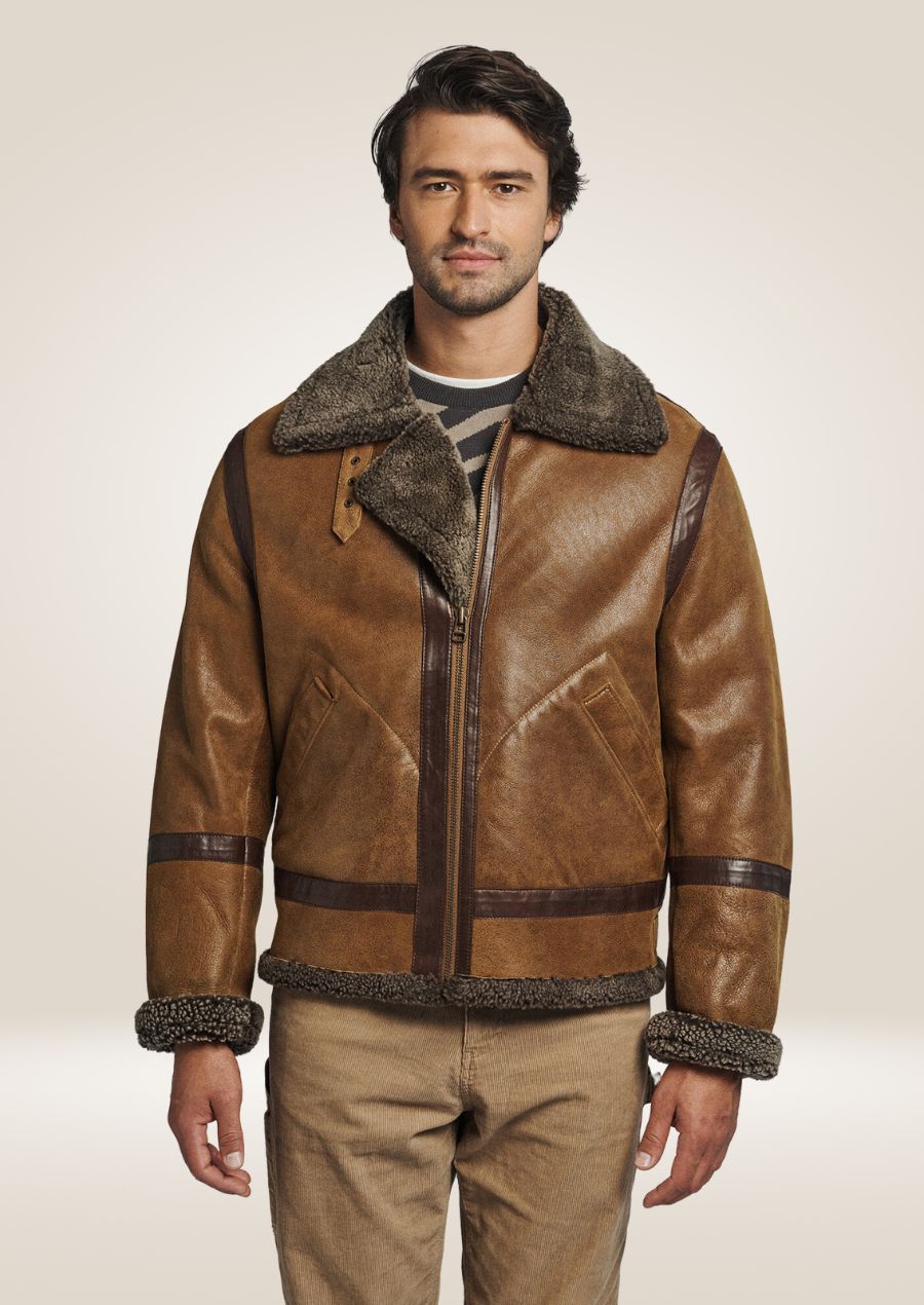 Brown Leather Shearling Jacket with Sheepskin Fur