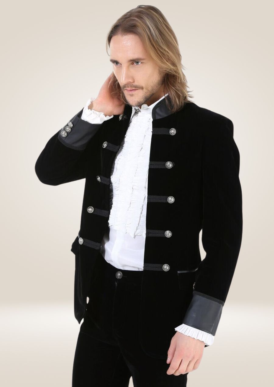 Gothic Military Black Velvet Jacket with Tie Closure