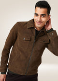 Stylish brown suede trucker jacket for men with chest pockets