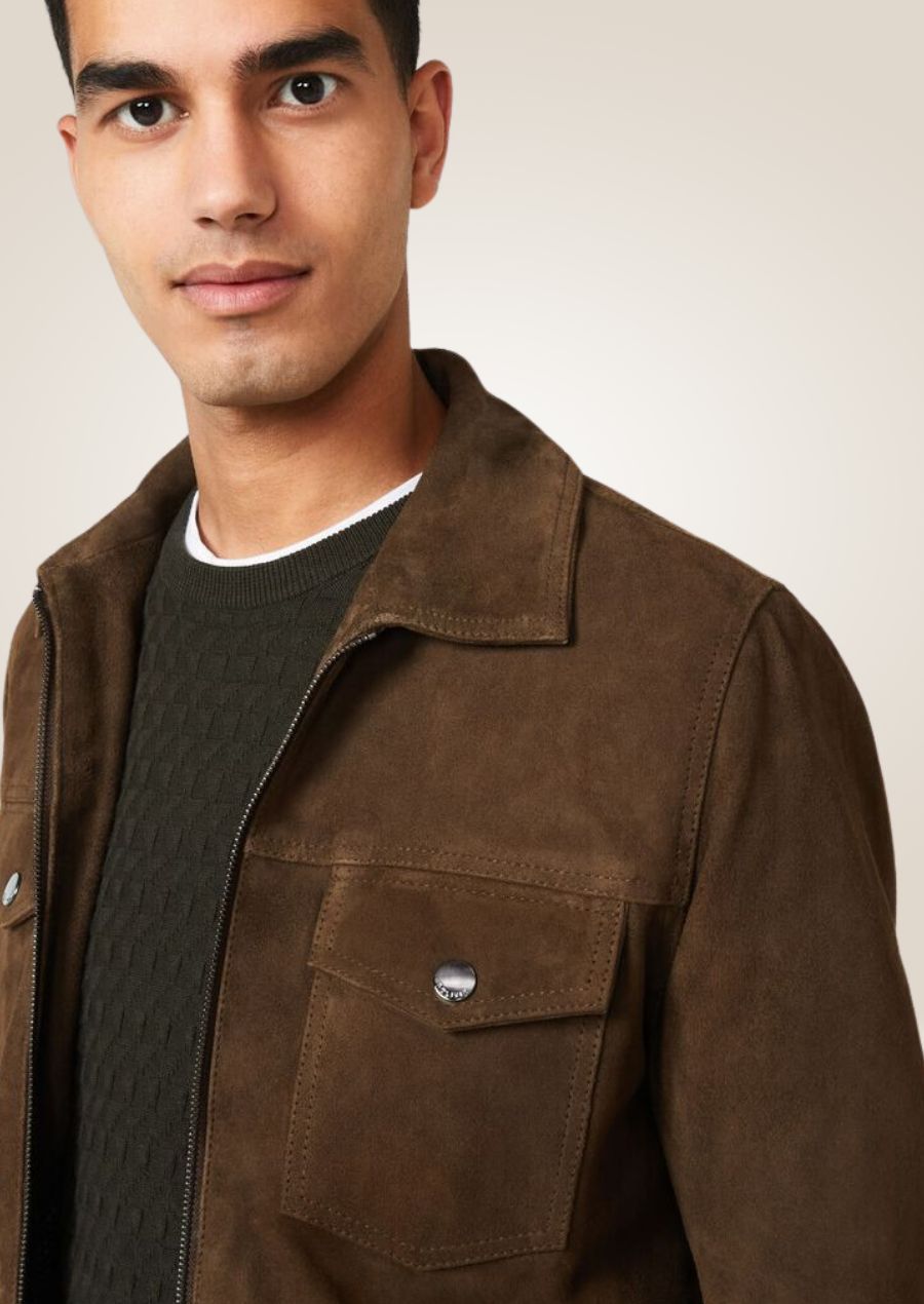 Classic men’s suede leather trucker jacket with tailored fit