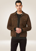Men’s classic suede trucker jacket with button front closure