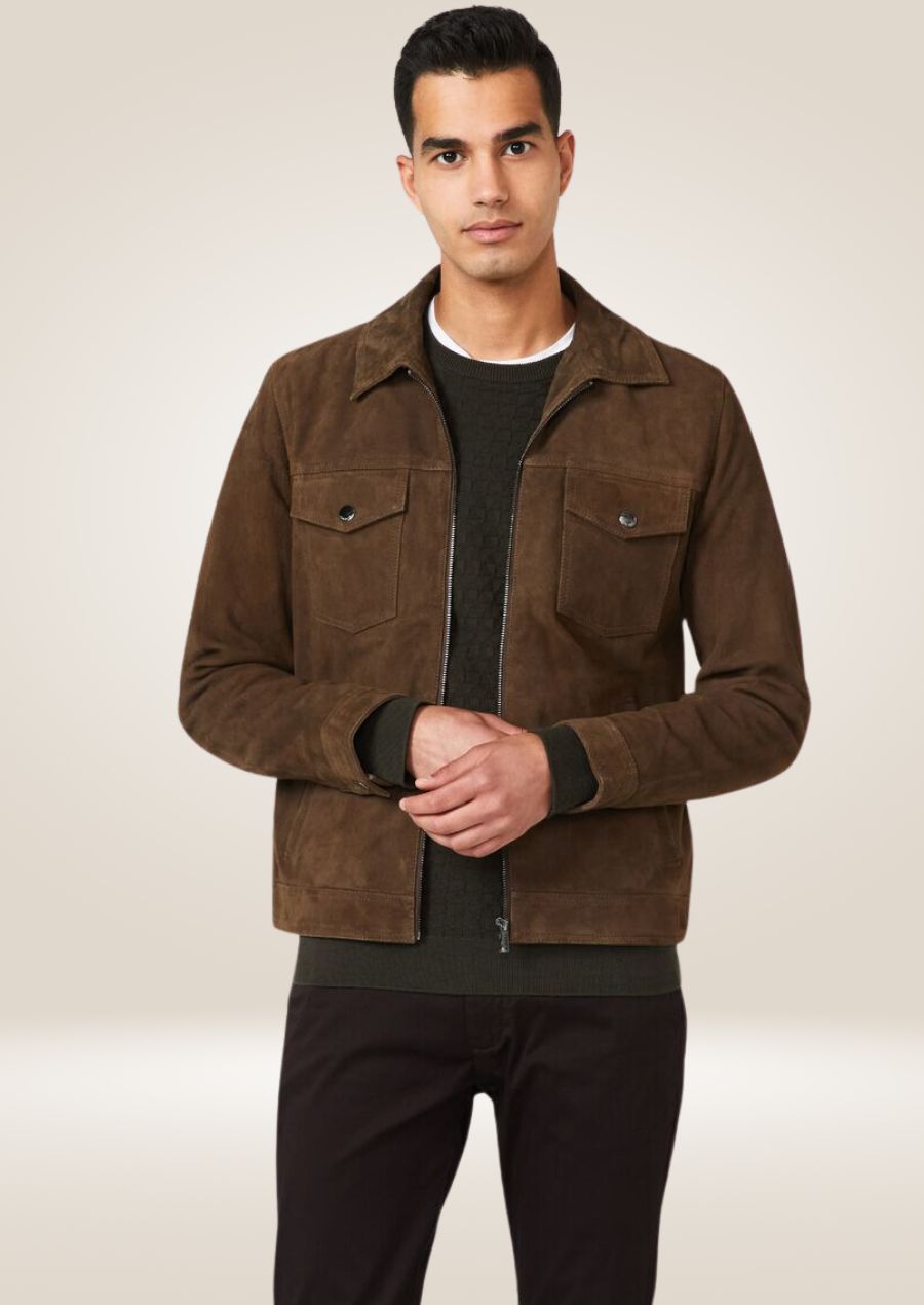 Men’s classic suede trucker jacket with button front closure