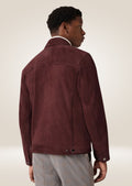 Classic men’s maroon suede leather trucker jacket with tailored fit