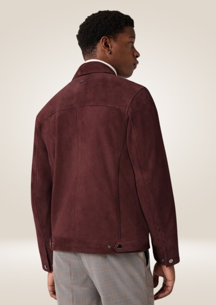 Classic men’s maroon suede leather trucker jacket with tailored fit