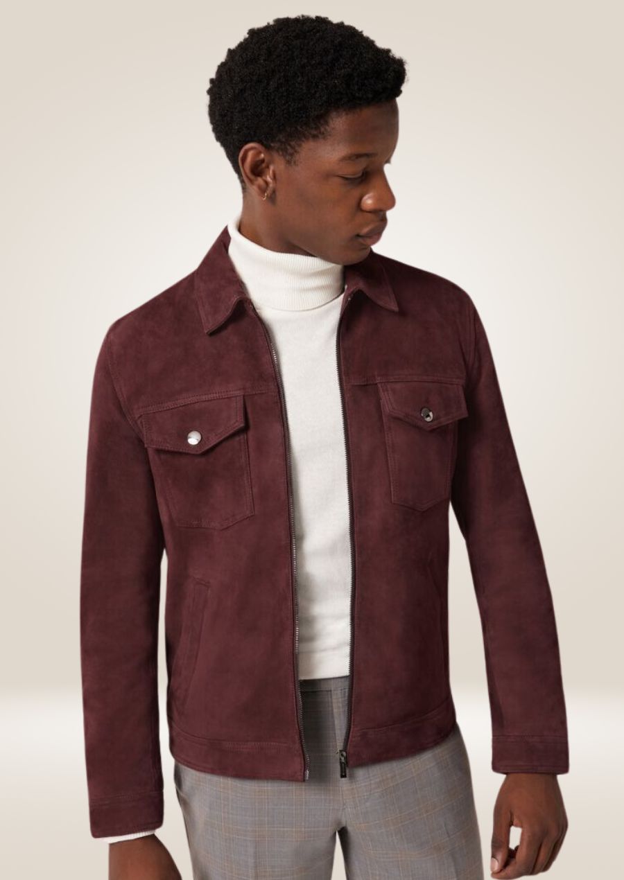 Men’s maroon suede leather trucker jacket with button front closure