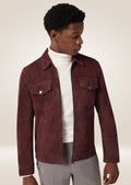 Men’s maroon suede leather trucker jacket with button front closure