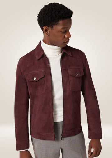 Men’s maroon suede leather trucker jacket with button front closure