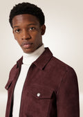 Stylish maroon suede trucker jacket for men with chest pockets