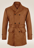 Men’s vintage brown leather pea coat with double-breasted button front and tailored fit