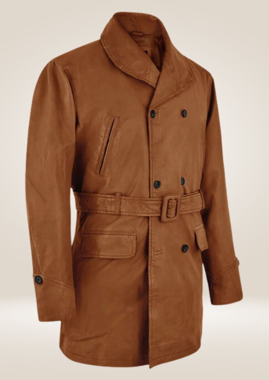 Men’s vintage brown leather pea coat with double-breasted button front and tailored fit