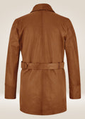 Premium men’s brown leather pea coat with durable stitching and polished smooth finish