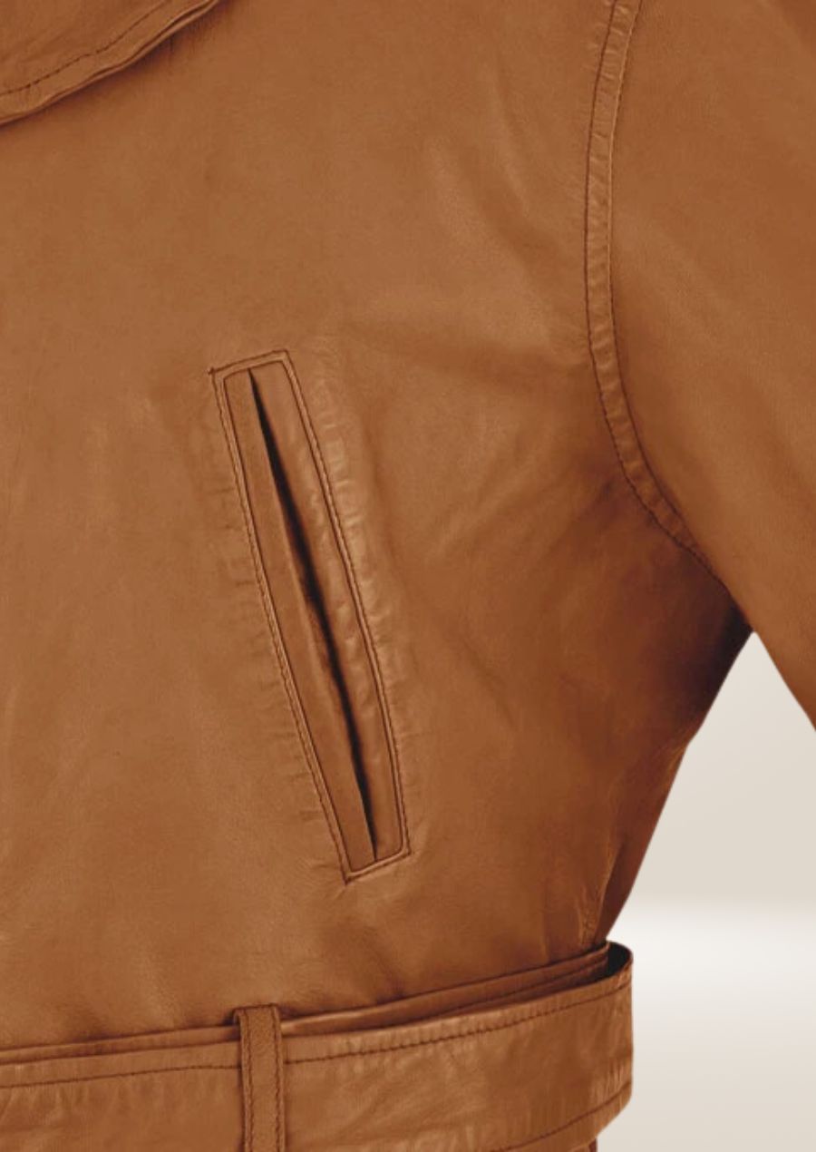 Men’s vintage brown leather pea coat designed for formal and casual outerwear style