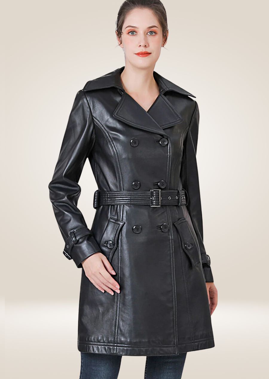 Women’s belted lambskin leather peacoat with soft premium leather and tailored fit