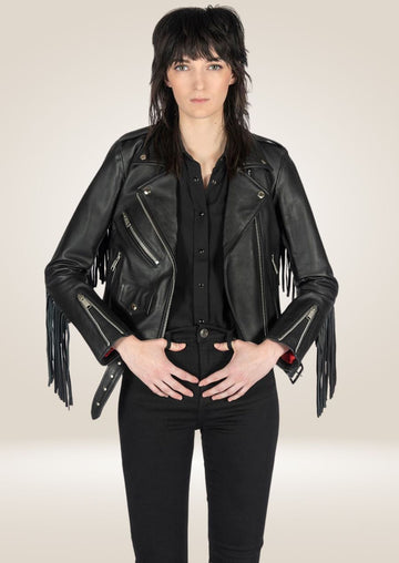 Women's Black Fringe Moto Leather Jacket - Edgy Biker Chic