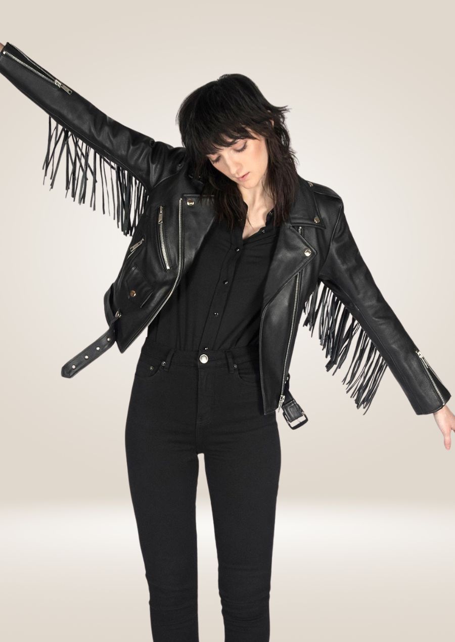 Women's Black Fringe Moto Leather Jacket - Edgy Biker Chic