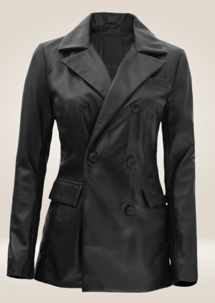 Stylish black leather pea coat featuring structured shoulders and polished mid-length design