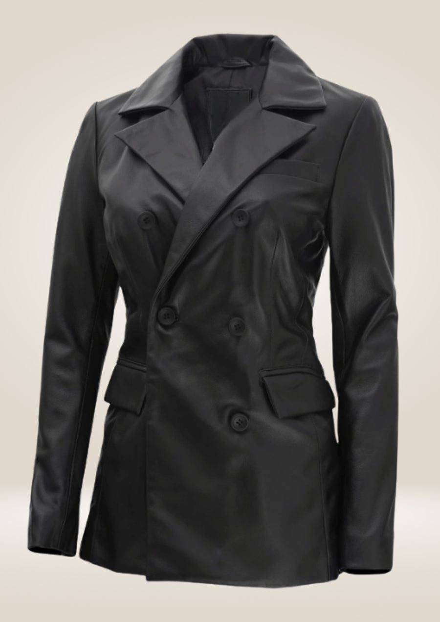 Stylish black leather pea coat featuring structured shoulders and polished mid-length design