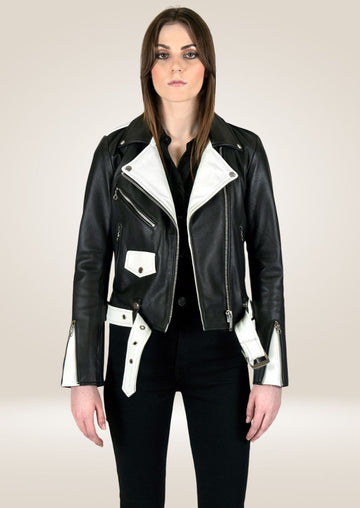 Women's Black & White Moto Leather Jacket - Bold Biker Style