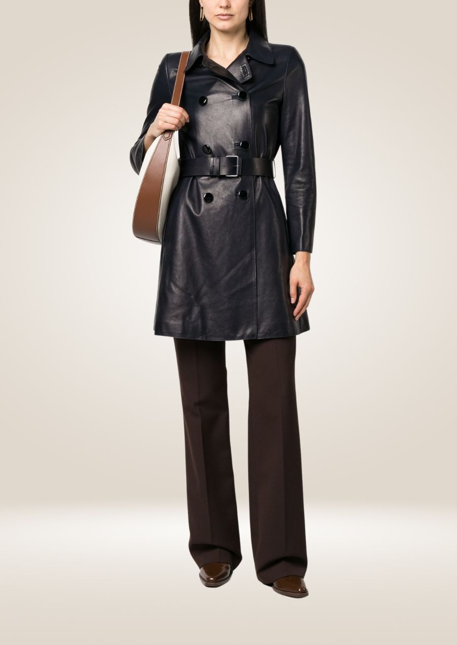 Women’s blue lambskin leather pea coat with double-breasted front and soft smooth finish