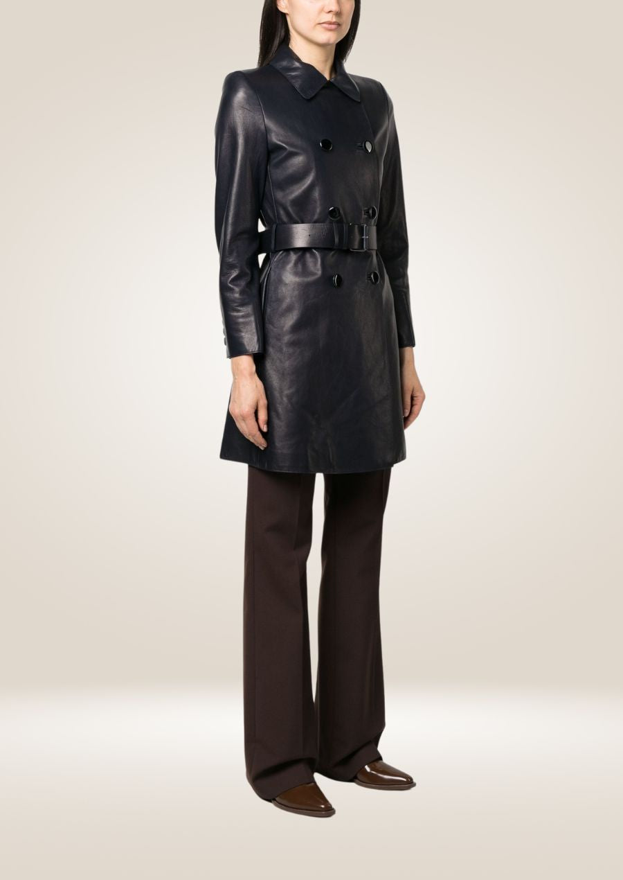 Women’s blue lambskin leather pea coat with double-breasted front and soft smooth finish