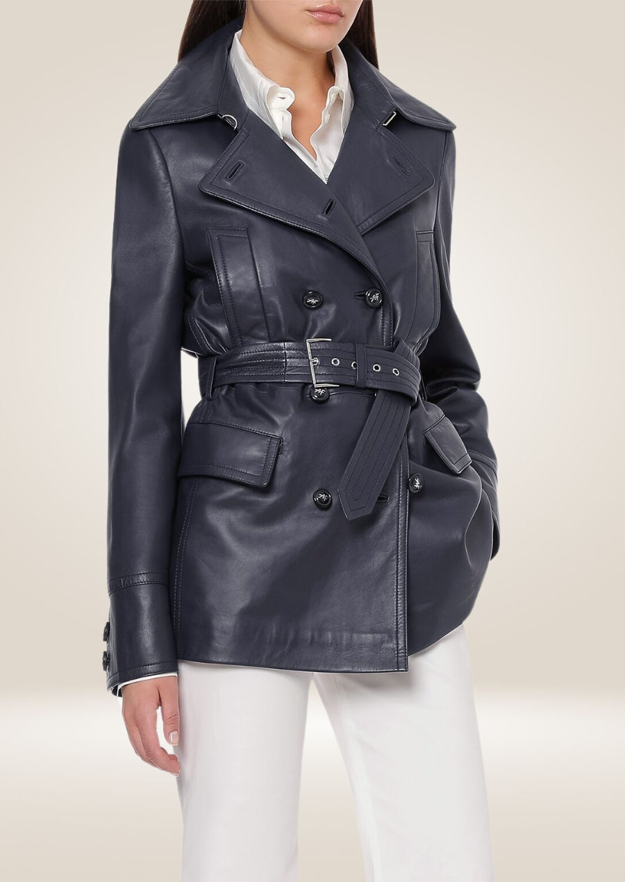 Women’s blue leather pea coat with double-breasted button front and tailored fit