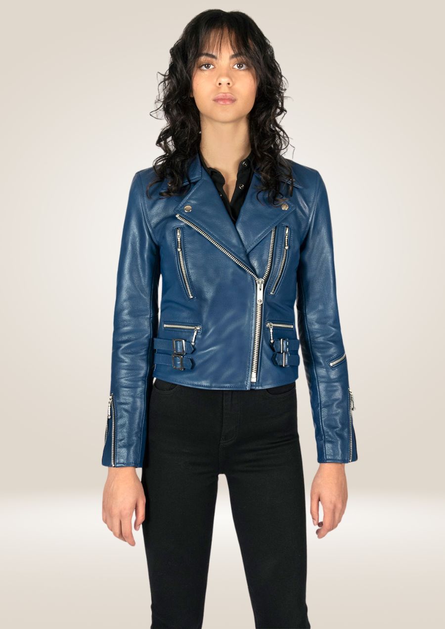 Women's Blue Moto Leather Jacket - Bold Biker Style