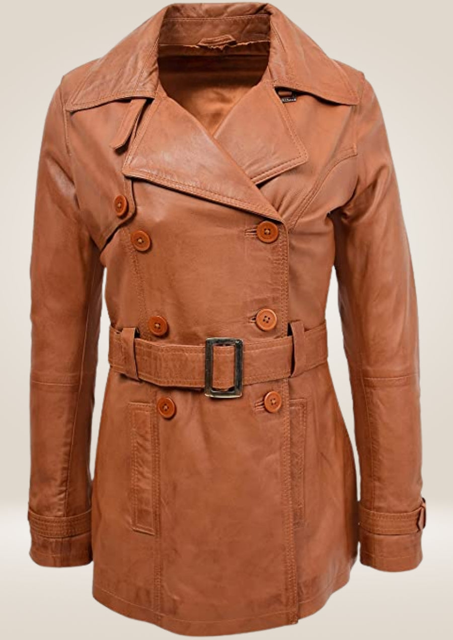 Women’s brown leather pea coat with double-breasted button front and tailored fit