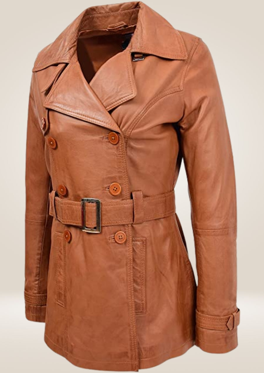 Women’s brown leather pea coat with double-breasted button front and tailored fit